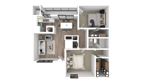 a 3d floor plan of a bedroom with a bathroom and a living room